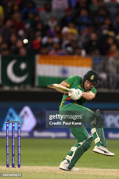 David Miller of South Africa bats during the ICC Men's T20 World Cup match between India and South Africa at Perth Stadium on October 30, 2022 in...