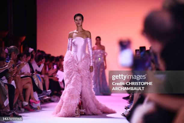 Model presents a creation by Georges Hobeika during the Women's Haute-Couture Fall/Winter 2023/2024 Fashion Week in Paris on July 3, 2023.