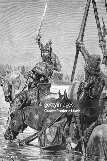 King Edward III of England crosses the Somme River in northern France with his army, before the Battle of Crecy during the Hundred Years' War, 1346....