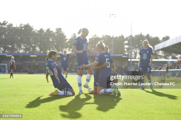 Lauren James of Chelsea celebrates with teammates Sam Kerr, Pernille Harder, and Sophie Ingle after scoring her team's first goal during the FA...
