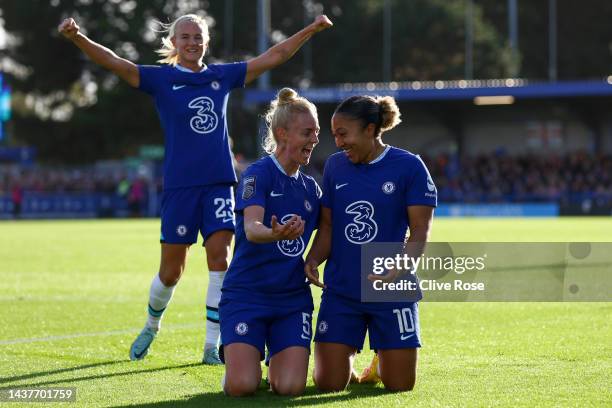 Lauren James of Chelsea celebrates with teammate Sophie Ingle after scoring their team's first goal during the FA Women's Super League match between...