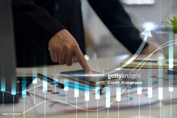 businesswoman working with modern computer virtual dashboard. - financial figures stock pictures, royalty-free photos & images