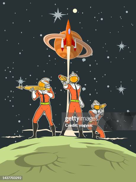 vector trio retro futuristic space astronaut soldiers posing with guns poster stock illustration - cartoon spaceship stock illustrations