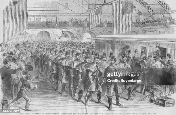 Men of the Massachusetts Volunteers take the Train from Jersey City after Parading in New York, They were stoned upon their arrival in Baltimore....