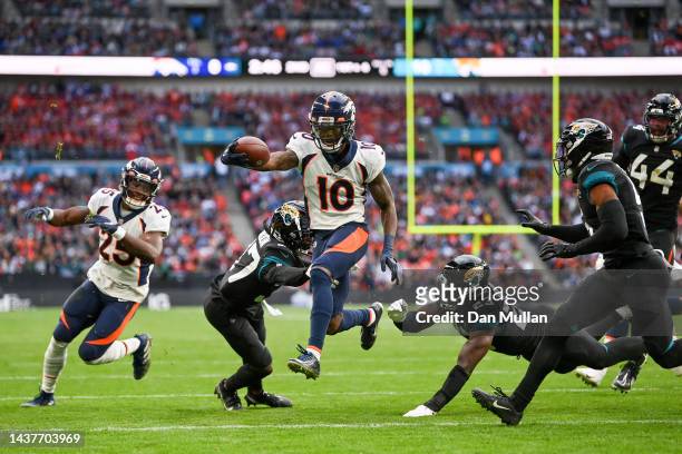 Jerry Jeudy of the Denver Broncos runs for the touchdown against Jacksonville Jaguars during second quarter in the NFL match between Denver Broncos...