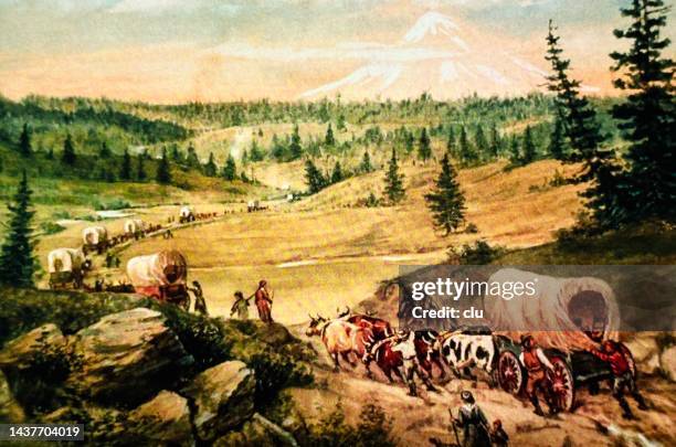 travelers on the oregon trail, view of the mount hood, 1865 - horse cart stock illustrations