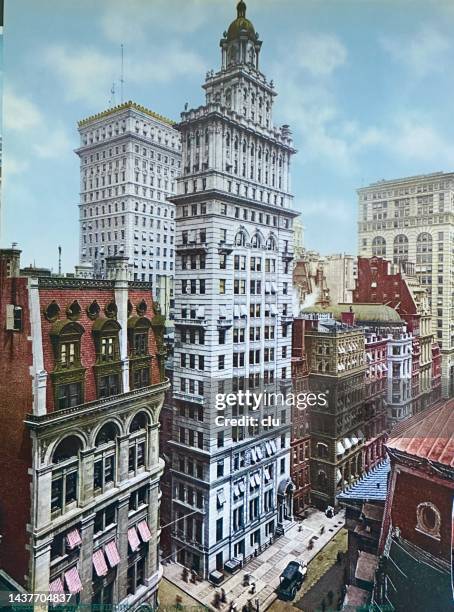 new york city, gillender building, 19 story skyscraper - archival nyc stock illustrations