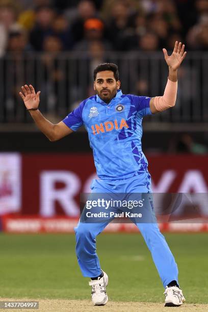 Bhuvneshwar Kumar of India reacts during the ICC Men's T20 World Cup match between India and South Africa at Perth Stadium on October 30, 2022 in...