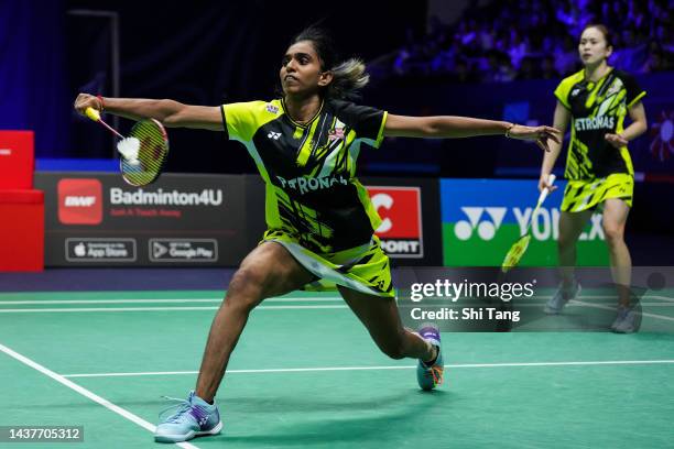 Pearly Tan and Thinaah Muralitharan of Malaysia compete in the Women's Double Final match against Mayu Matsumoto and Wakana Nagahara of Japan during...