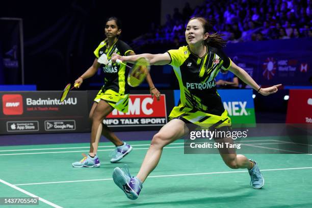 Pearly Tan and Thinaah Muralitharan of Malaysia compete in the Women's Double Final match against Mayu Matsumoto and Wakana Nagahara of Japan during...