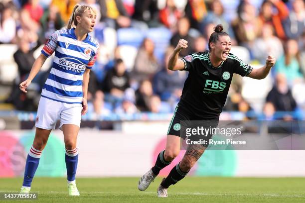 Jane Natasha Flint of Leicester City celebrates after scoring their team's first goal during the FA Women's Super League match between Reading and...
