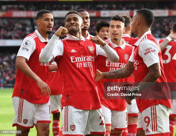 Reiss Nelson celebrates scoring Arsenal's 2nd goal during the Premier League match between Arsenal FC and Nottingham Forest at Emirates Stadium on...