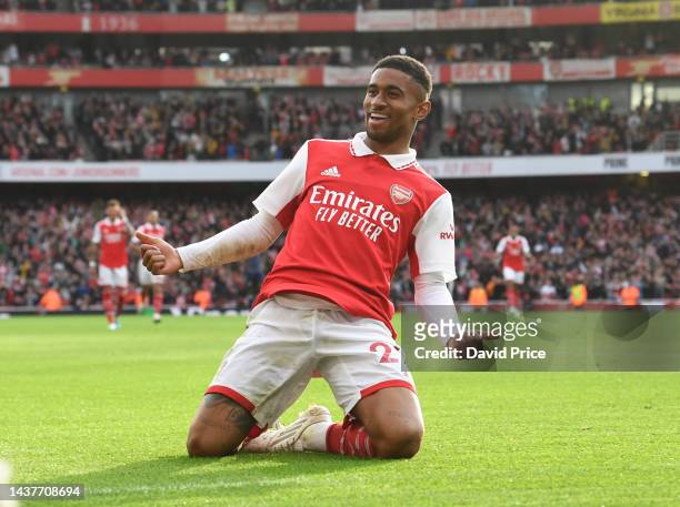 Reiss Nelson celebrates scoring Arsenal's 3rd goal during the Premier League match between Arsenal FC and Nottingham Forest at Emirates Stadium on...