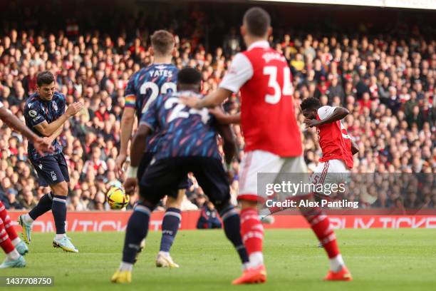 Thomas Partey of Arsenal scores their team's fourth goal during the Premier League match between Arsenal FC and Nottingham Forest at Emirates Stadium...