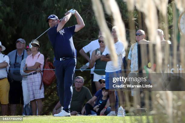 David Drysdale of Scotland tees off on the 13th hole during Day Four of the Portugal Masters at Dom Pedro Victoria Golf Course on October 30, 2022 in...