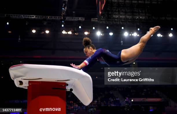 Coline Devillard of Team France competes on Vault during Women's Qualification on Day Two of the FIG Artistic Gymnastics World Championships at M&S...