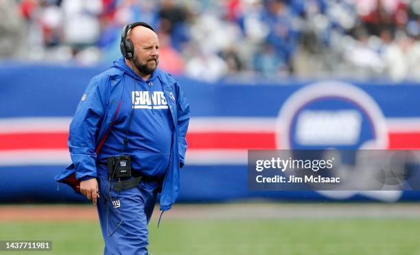 Head coach Brian Daboll of the New York Giants in action against the Chicago Bears at MetLife Stadium on October 02, 2022 in East Rutherford, New...