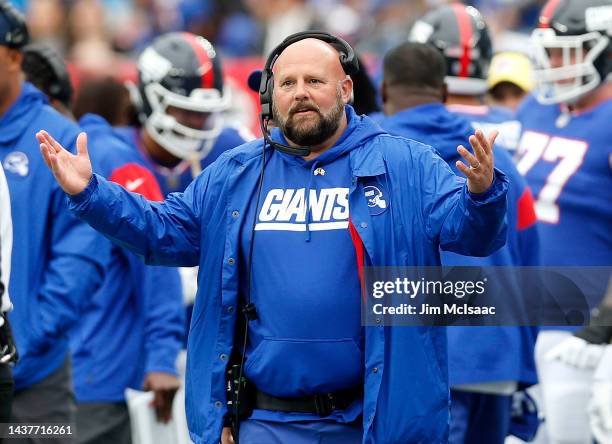 Head coach Brian Daboll of the New York Giants in action against the Chicago Bears at MetLife Stadium on October 02, 2022 in East Rutherford, New...