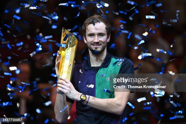 Daniil Medvedev of Russia poses with his trophy after winning his final match against Denis Shapovalov of Canada during day nine of the Erste Bank...