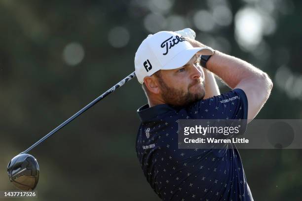 Jordan Smith of England tees off on the 17th hole during Day Four of the Portugal Masters at Dom Pedro Victoria Golf Course on October 30, 2022 in...