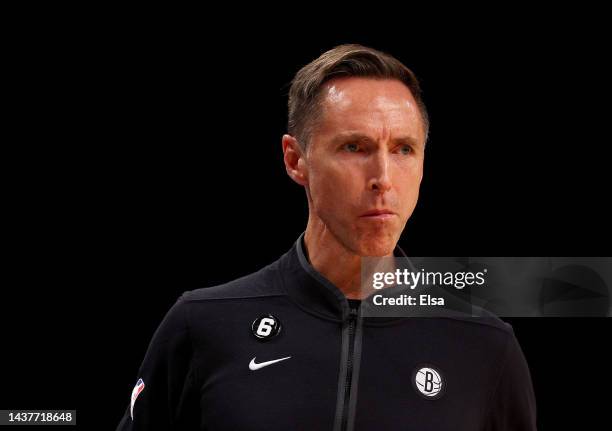 Head coach Steve Nash of the Brooklyn Nets looks on in the first half against the Indiana Pacers at Barclays Center on October 29, 2022 in the...