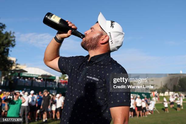 Jordan Smith of England celebrates after winning the Portugal Masters during Day Four of the Portugal Masters at Dom Pedro Victoria Golf Course on...