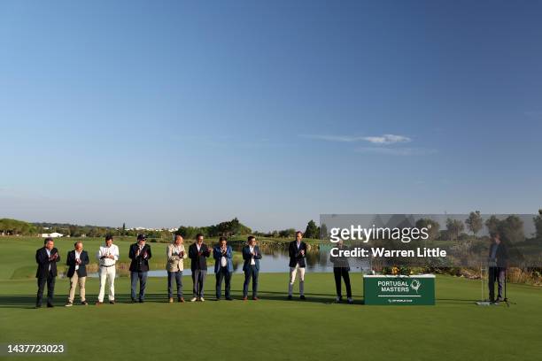 General view as David Williams, Chairman of the DP World Tour, presents during the prize giving ceremony during Day Four of the Portugal Masters at...