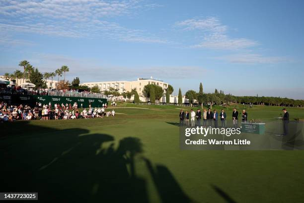 General view as David Williams, Chairman of the DP World Tour, presents during the prize giving ceremony during Day Four of the Portugal Masters at...