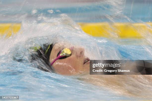 Kira Toussaint of the Netherlands competes in a Woman's 200m Backstroke heat during day three of the FINA Swimming World Cup at the Pan Am Sports...