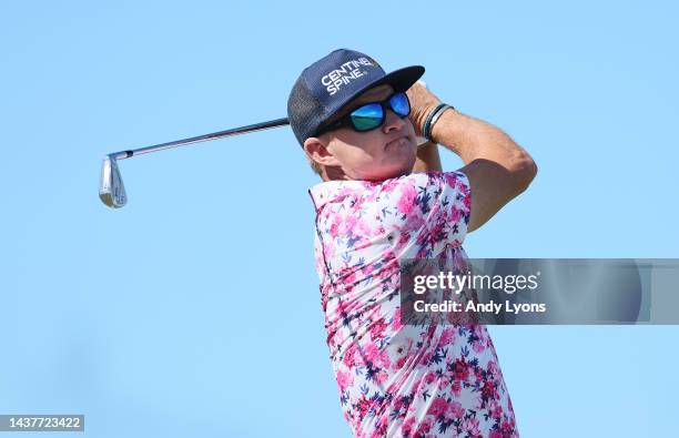 Brian Gay hits his first shot on the 1st tee during the fourth round of the Butterfield Bermuda Championship at Port Royal Golf Course on October 30,...