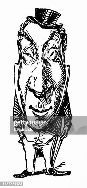 man with oversized face and small hat stands and grins slyly evil - man facing camera smiling stock illustrations