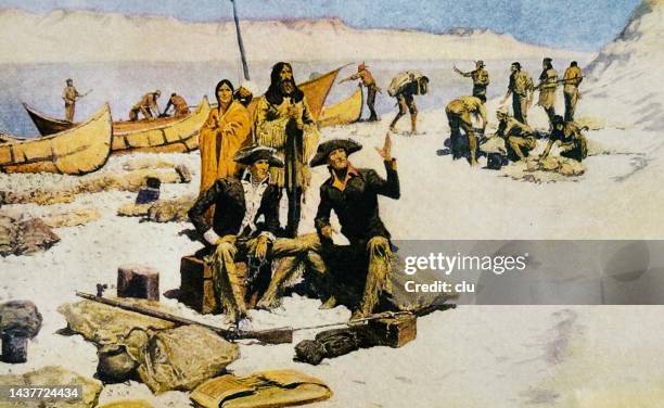 group of explorers at the columbia river, usa - lewis and clark stock illustrations
