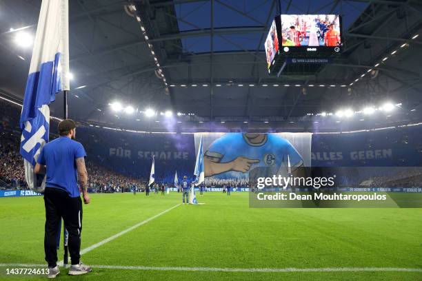 General view inside the stadium as FC Schalke 04 fans show their support prior to the Bundesliga match between FC Schalke 04 and Sport-Club Freiburg...