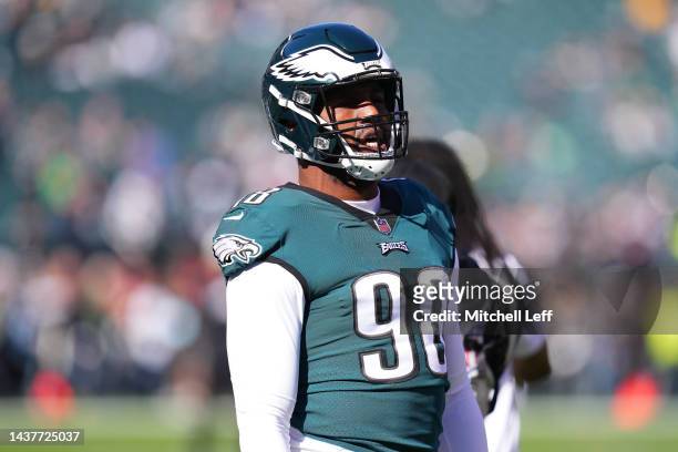 Robert Quinn of the Philadelphia Eagles looks on before a game against the Pittsburgh Steelers at Lincoln Financial Field on October 30, 2022 in...