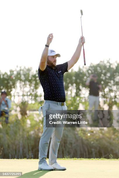 Jordan Smith of England reacts on the 18th green after winning the Portugal Masters during Day Four of the Portugal Masters at Dom Pedro Victoria...