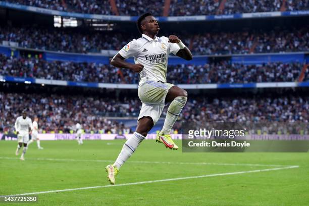 Vinicius Junior of Real Madrid celebrates after scoring their team's first goal during the LaLiga Santander match between Real Madrid CF and Girona...