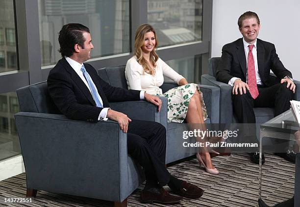 Donald Trump, Jr., Ivanka Trump and Eric Trump at Trump Tower on May 3, 2012 in New York City.