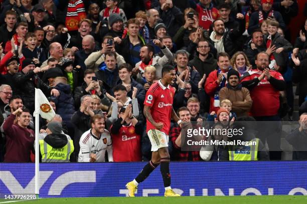 Marcus Rashford of Manchester United celebrates scoring their side's first goal during the Premier League match between Manchester United and West...
