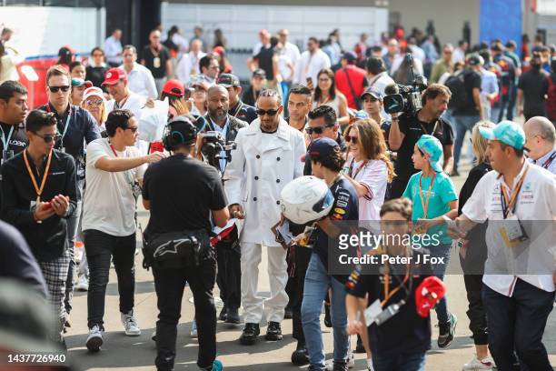 Lewis Hamilton of Mercedes and Great Britain arrives into the paddock during the F1 Grand Prix of Mexico at Autodromo Hermanos Rodriguez on October...