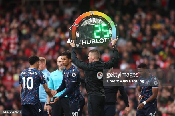 Hublot boards as Brennan Johnson replaces Morgan Gibbs-White during the Premier League match between Arsenal FC and Nottingham Forest at Emirates...
