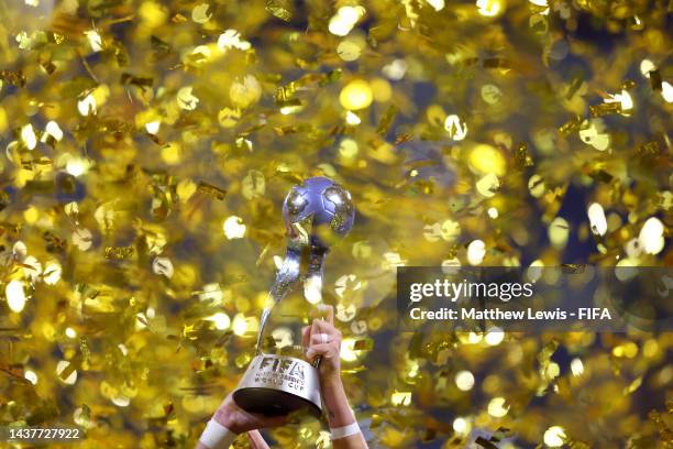Detail view of the FIFA U-17 Women's World Cup trophy as it is lifted by Marina Artero of Spain following winning the FIFA U-17 Women's World Cup...