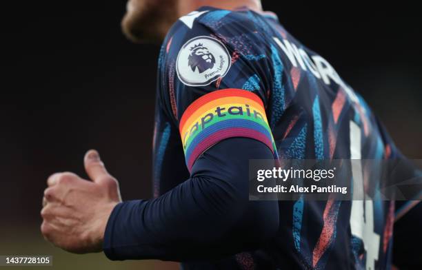 Detailed view of the Rainbow captains armband during the Premier League match between Arsenal FC and Nottingham Forest at Emirates Stadium on October...