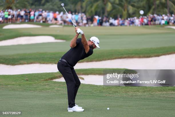 Team Captain Dustin Johnson of 4 Aces GC plays an approach shot on the second hole during the team championship stroke-play round of the LIV Golf...