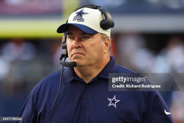 Head coach Mike McCarthy of the Dallas Cowboys looks on against the Chicago Bears during the first quarter at AT&T Stadium on October 30, 2022 in...