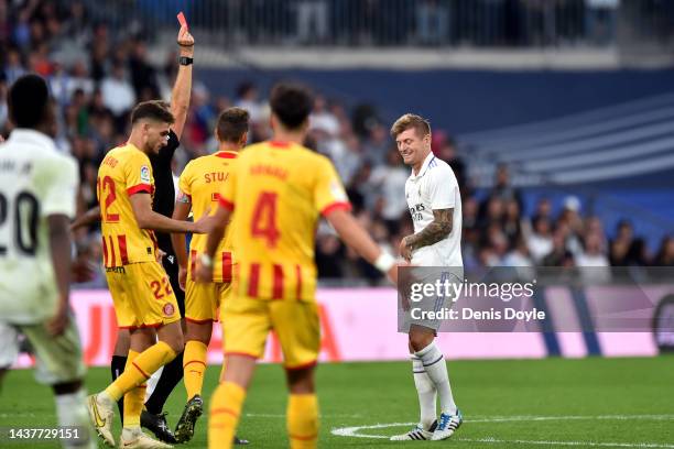 Toni Kroos of Real Madrid is shown a red card and sent offsides by referee Mario Melero Lopez during the LaLiga Santander match between Real Madrid...