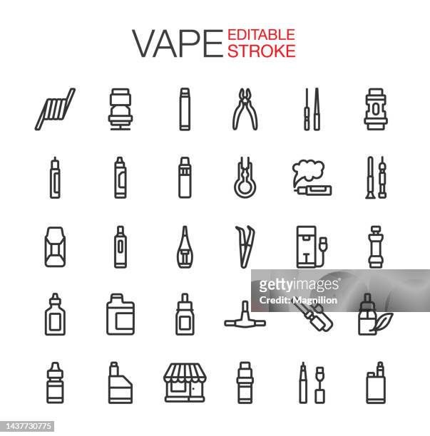 ilustraciones, imágenes clip art, dibujos animados e iconos de stock de los iconos de vape shop establecen trazo editable - humo de cigarrillo electrónico