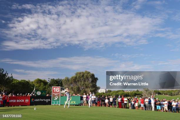 General view as Sebastien Heisele of Germany tees off on the 16th hole during Day Four of the Portugal Masters at Dom Pedro Victoria Golf Course on...