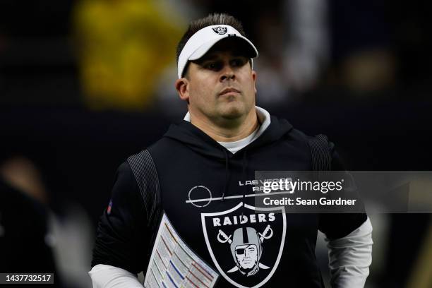 Head coach Josh McDaniels of the Las Vegas Raiders takes to the field before a game against the New Orleans Saints at Caesars Superdome on October...