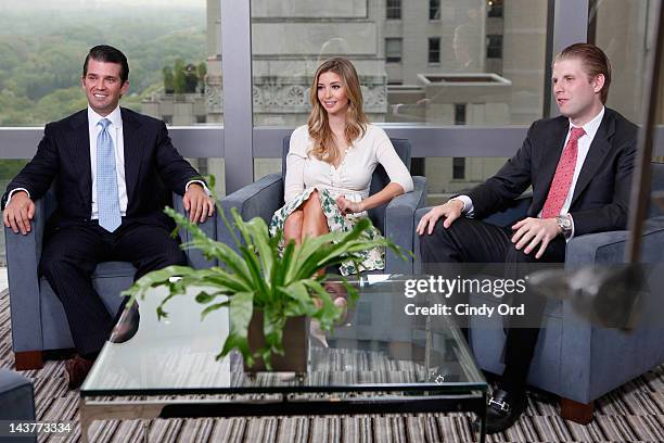 Donald Trump ,Jr., Ivanka Trump and Eric Trump sit down for an interview at Trump Tower on May 3, 2012 in New York City.