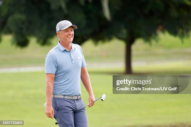 Matt Jones of Punch GC smiles on the 15th green during the team championship stroke-play round of the LIV Golf Invitational - Miami at Trump National...